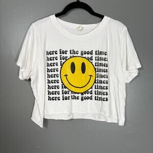 Altar'd State Women's White Smiley Face Cropped T-Shirt - Size Medium - Graphic